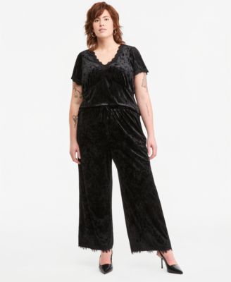 Plus Size Velvet Lace-Trim Wide-Leg High-Waisted Pants