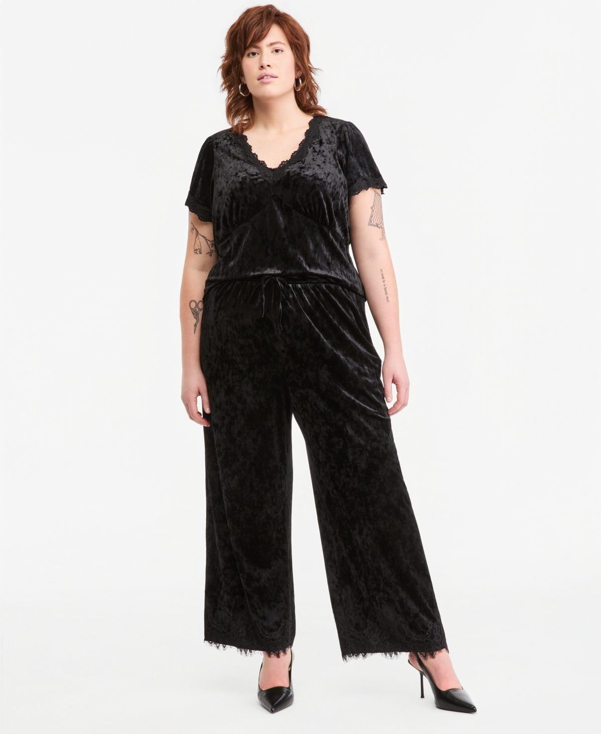 And Now This Plus Velvet Lace-Trim Wide-Leg High-Waisted Pants, Macy's Exclusive