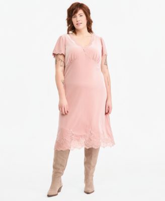 Plus Size V-Neck Short-Sleeve Lace-Trim Midi Slip Dress