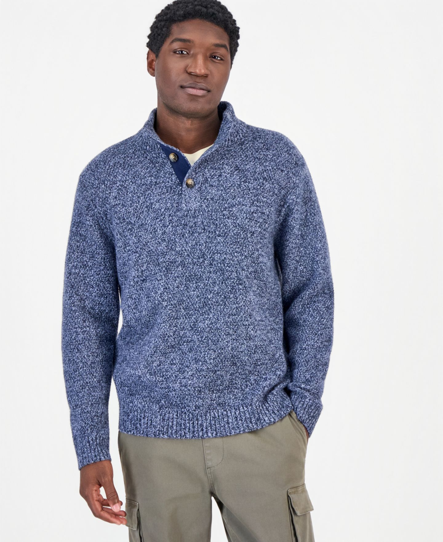 Мужской свитер Sun + Stone Mock Neck Quarter-Placket, цвет: Тёмно-синий — фото 1