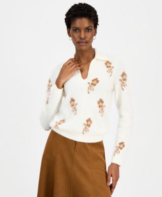 Women's The Raelynn Cashmere Floral Collared Split-Neck Sweater