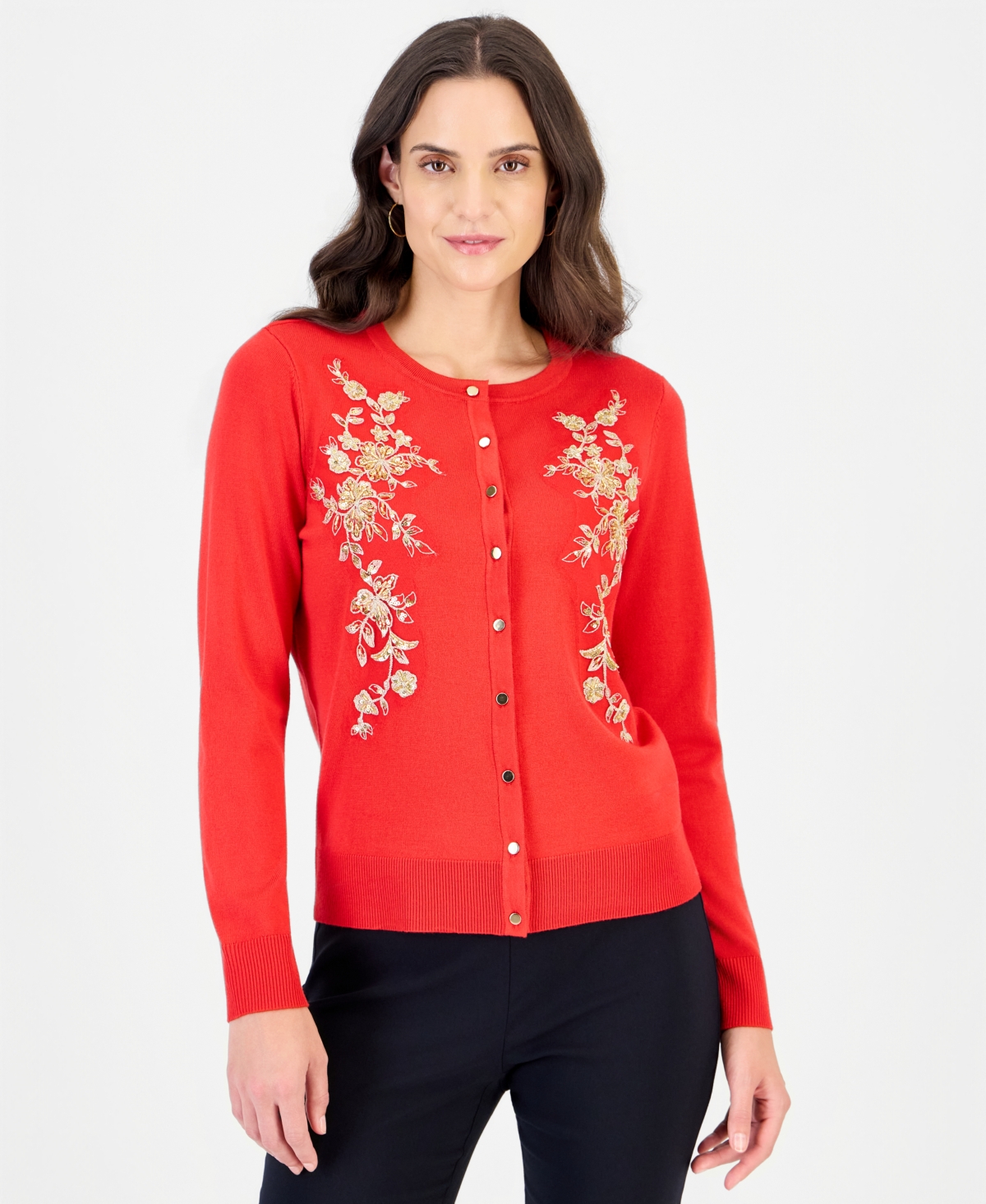 Jm Collection Women's Embellished Floral Applique Button-Front Cardigan, Macy's Exclusive - Real Red