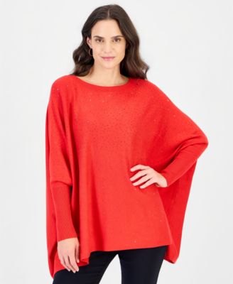 Women's Rhinestone Boat-Neck Poncho Sweater