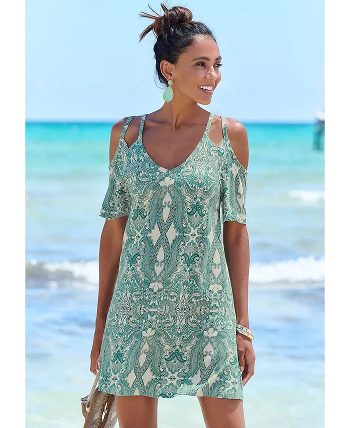 Women's Viscose Printed Cold Shoulder V-Neck Short Dress - thumbnail 2
