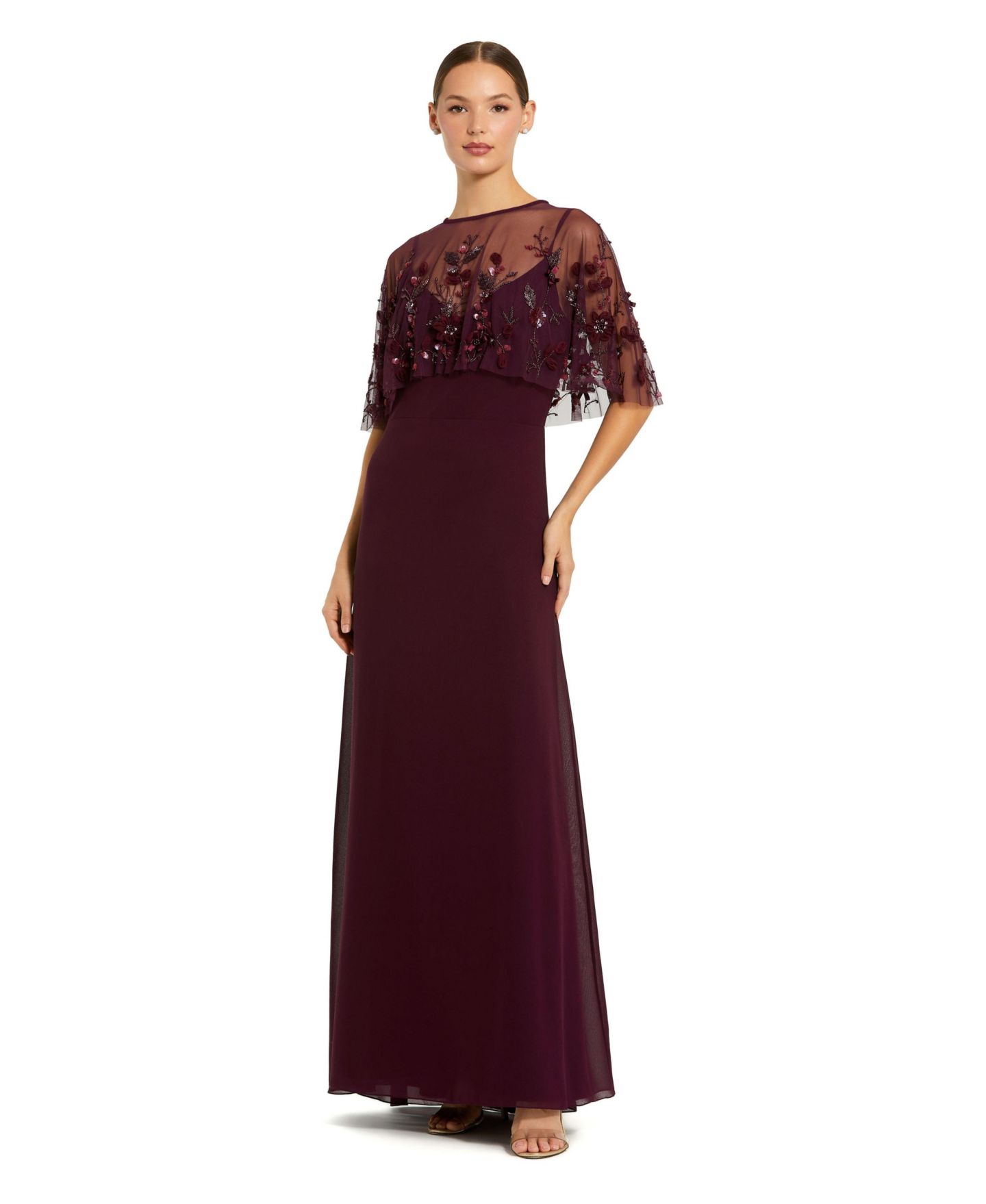Женское платье Mac Duggal Embroidered Floral Overlay Chiffon Evening Gown, цвет: Сливовый — фото 1