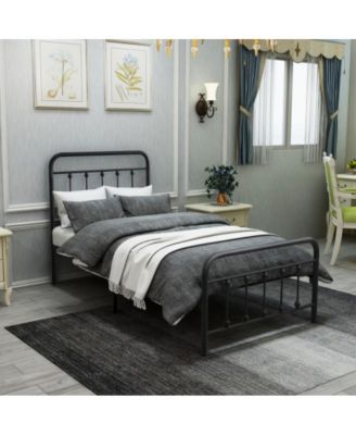 Twin Size Metal Platform Bed Frame with Victorian Headboard and Footboard, Steel Slats, No Box Spring Needed, Under-Bed Storage
