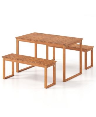 3 Piece Acacia Wood Patio Dining Set with Table and 2 Benches Seats 4 for Garden Yard Poolside