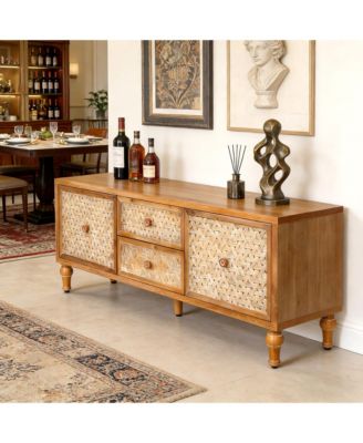 Rattan TV Stand for 60 Inch TV, Boho Media Console with Drawers, Farmhouse Entertainment Center
