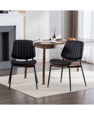 2 Pieces Dining Chairs, Retro Faux Leather Chair With Walnut Bentwood Back Upholstered Seat