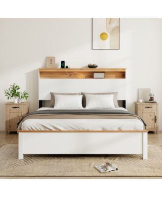 Full Size Wooden Platform Bed Frame with Storage Headboard, USB Charging Station, LED Lights, Metal Slats, No Box Spring Needed