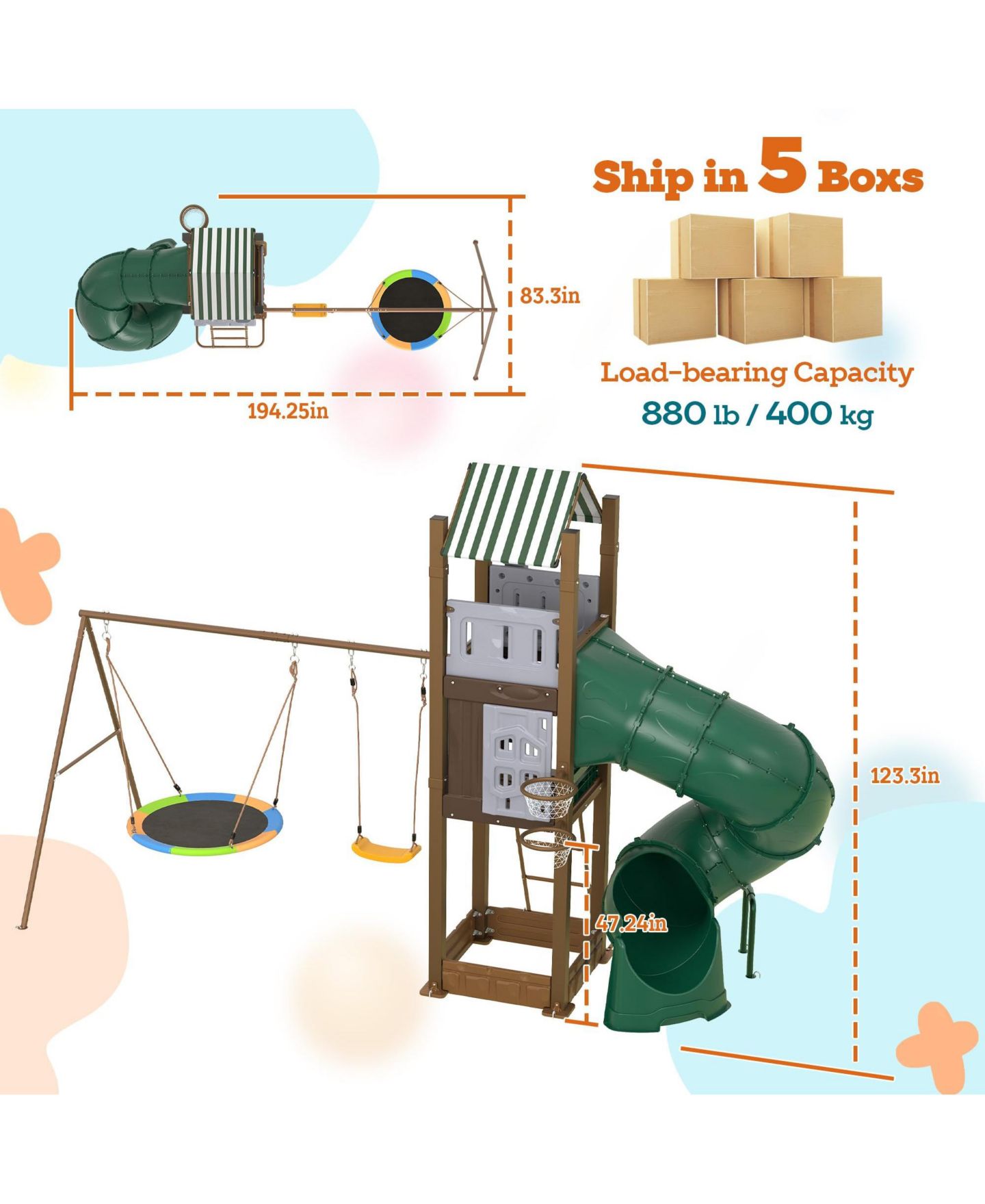 Детские игрушки homfan Swing Set for Backyard, Kids Outdoor Playhouse Equipment with Turbo Tube Slide and Basketball Hoop, цвет: Зелёный — фото 2