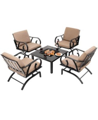 5 Pieces Patio Rocking Chairs and 4-in-1 Fire Pit Table with Fire Poker