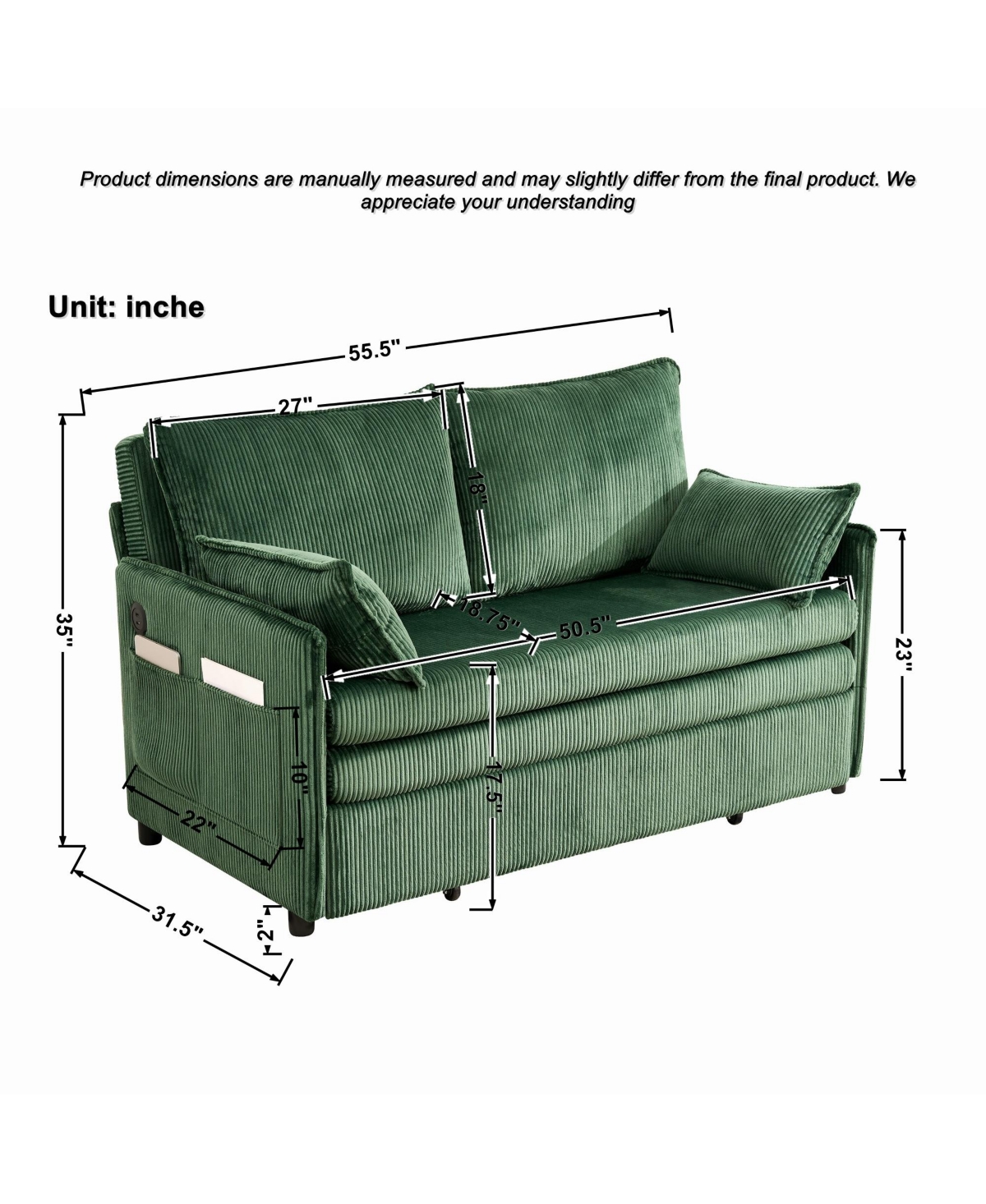 Clihome 55 Inch 3-in-1 Convertible Sleeper Sofa, Pull-Out Couch Bed with Usb Port and Side Pocket