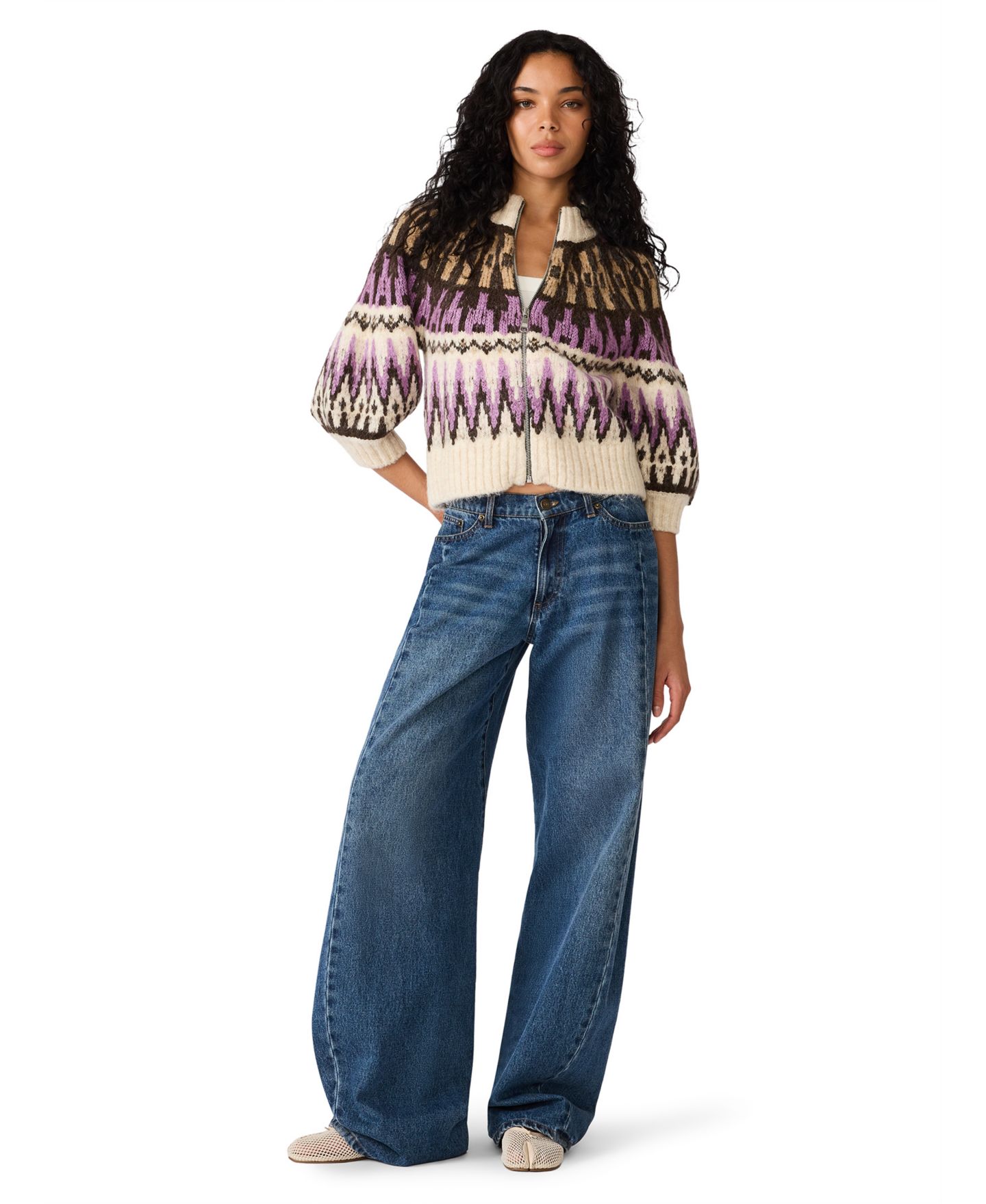 Женский свитер Steve Madden Adley Fair Isle Crop Full-Zip, цвет: Бежевый — фото 2