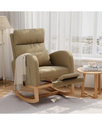 Rocking Chair with Footrest, Linen Glider Chair with Side Pockets, Nursery Chair with Pillow, Rocking Accent Armchair