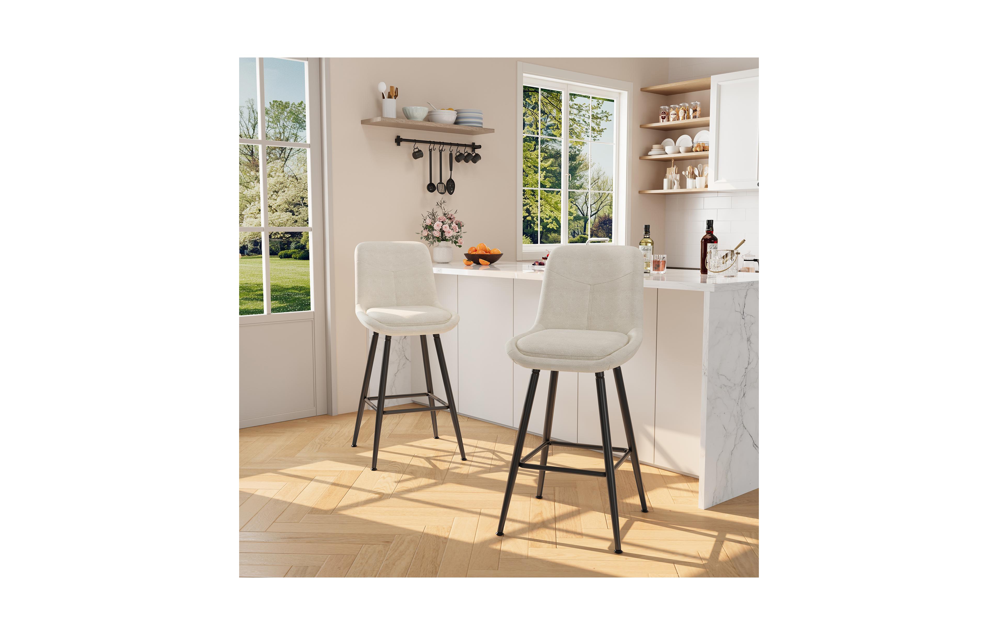 homfan Set of 2 25" Upholstered Bar Stools, Counter Height Chenille Fabric Barstool with Footrest, Backrest and Metal Legs, Modern Bar Chairs