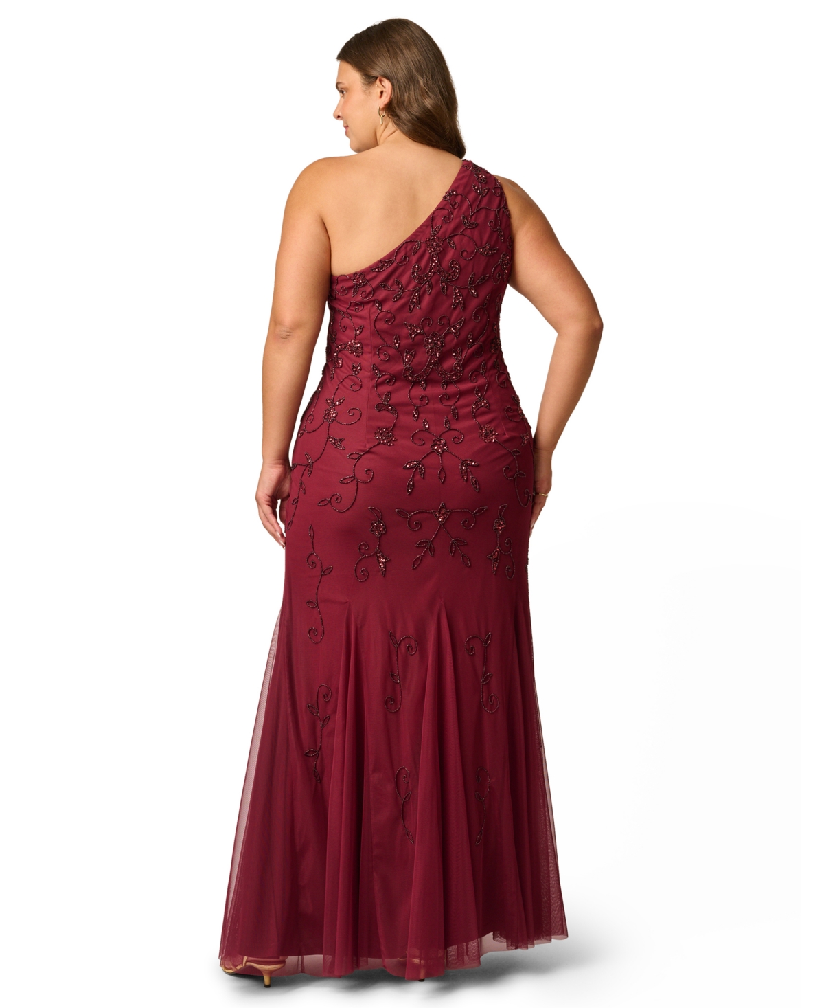 Adrianna Papell Plus One-Shoulder Beaded Gown