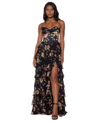 Juniors' Strapless Sweetheart-Neck Corset-Style Bodice Tiered Skirt Dress