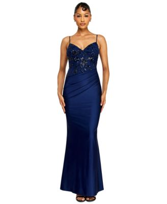 Juniors' V-Neck Beaded Sequin Asymmetrical Waist Gown