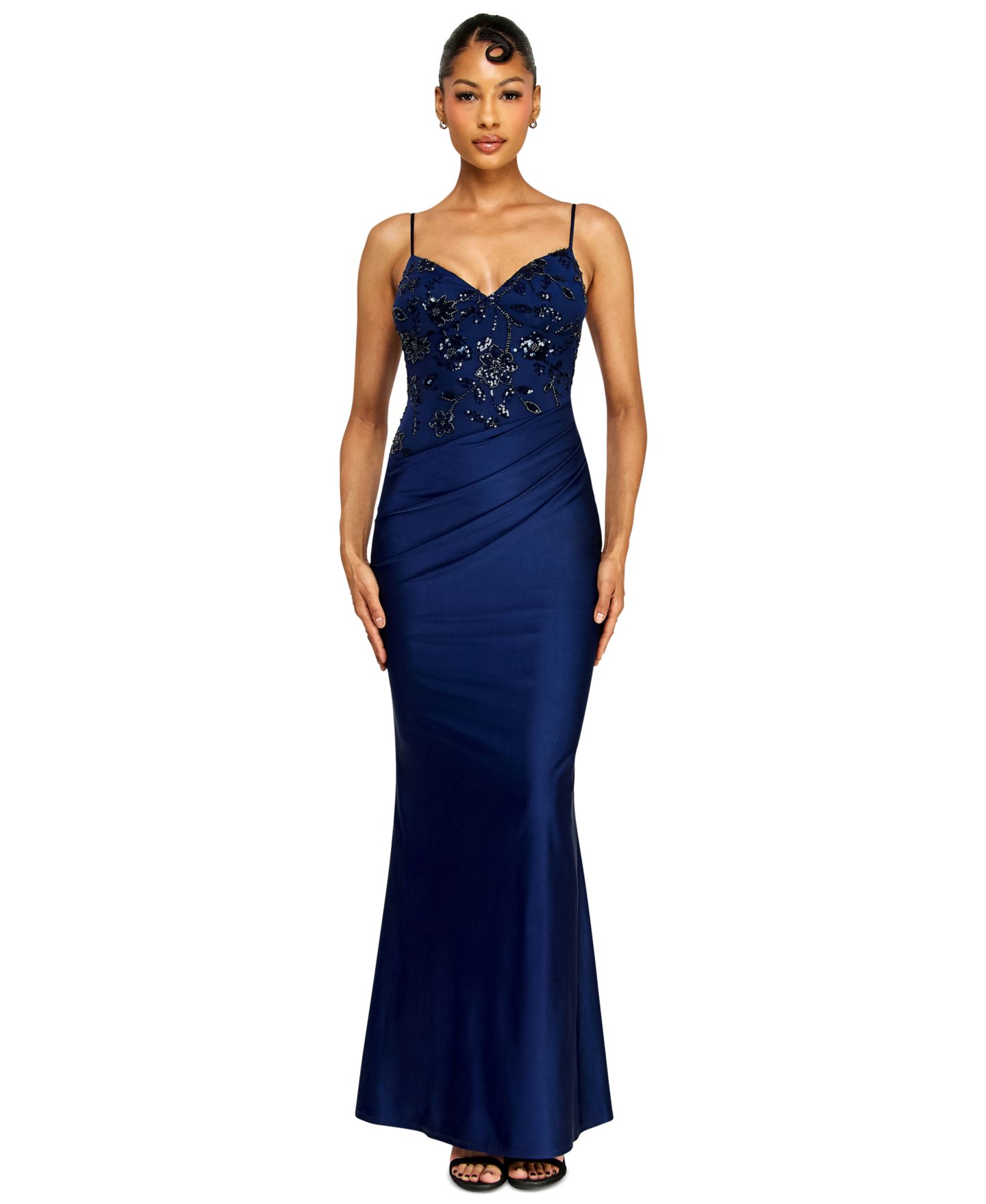 Женские платья Alex & Sophia Juniors' V-Neck Beaded Sequin Asymmetrical Waist Gown, цвет: Тёмно-синий — фото 1