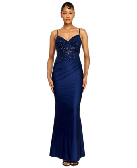 Женские платья Alex & Sophia Juniors' V-Neck Beaded Sequin Asymmetrical Waist Gown, цвет: Тёмно-синий