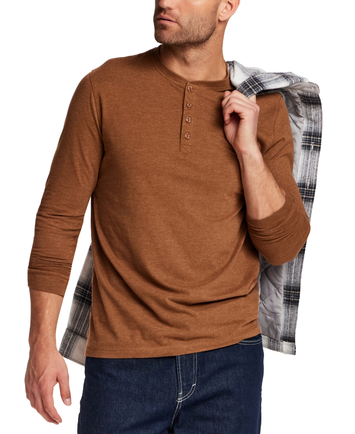 Weatherproof Vintage Men's Long-Sleeve Jersey Henley Shirt - Spanish Brown Heather