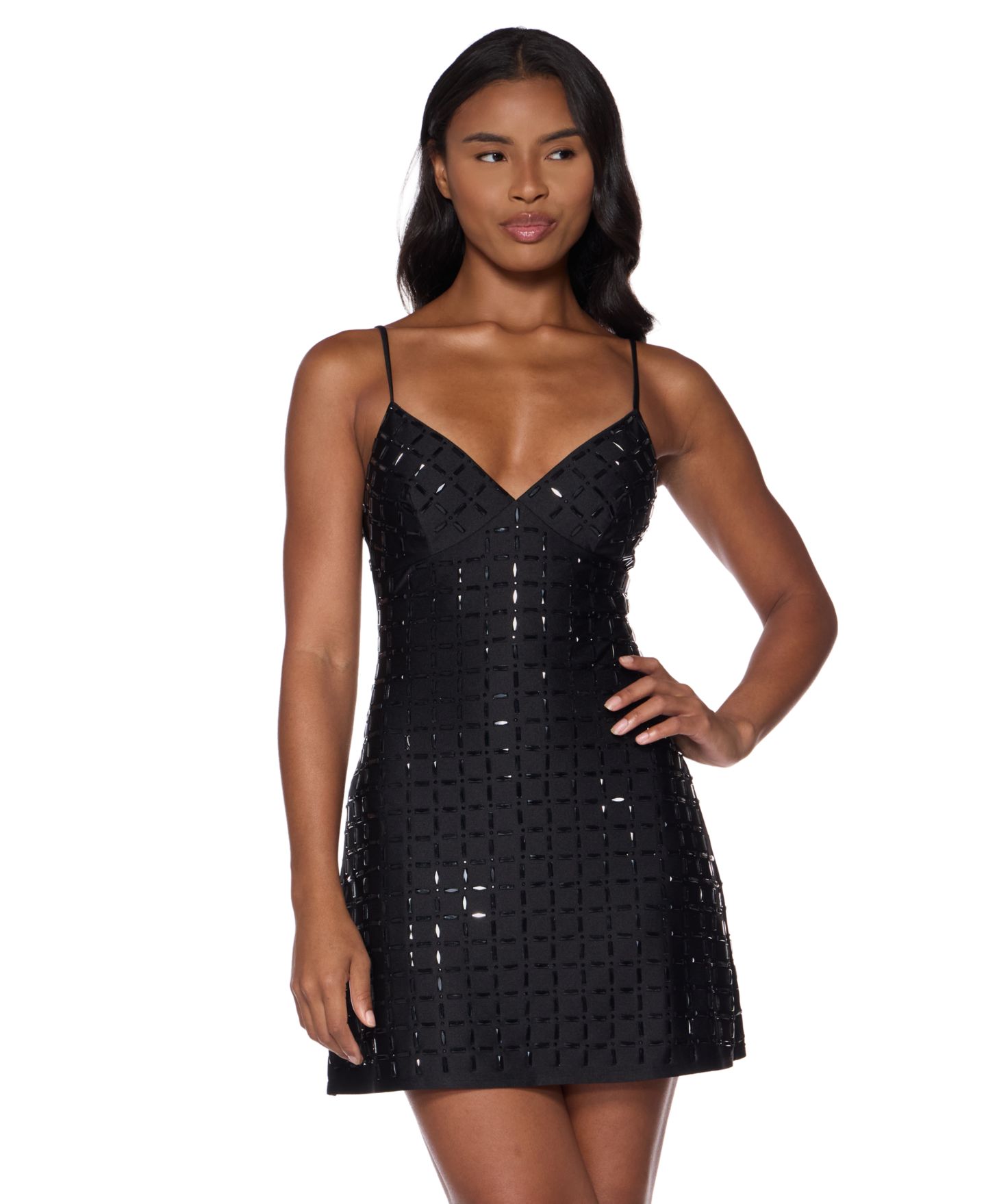 Женское платье Alex & Sophia Juniors’ Spaghetti-Strap Mini Dress with Stones, цвет: Чёрный — фото 2