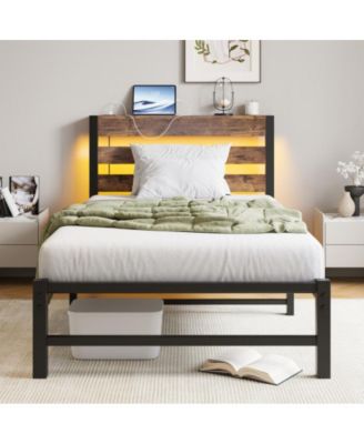Twin Size Heavy Duty Platform Bed Frame with USB Charging Station, LED Lights, Steel Slats, No Box Spring Needed