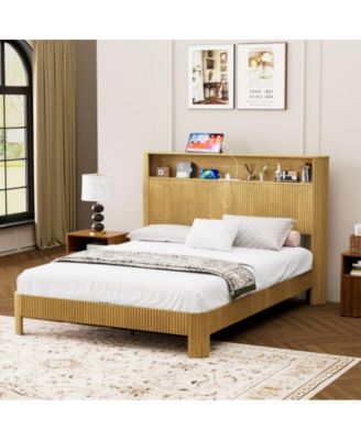 Queen Size Bed Frame with Storage Headboard, USB Charging Station, Wavy Curved Design, Metal Support, No Box Spring Needed