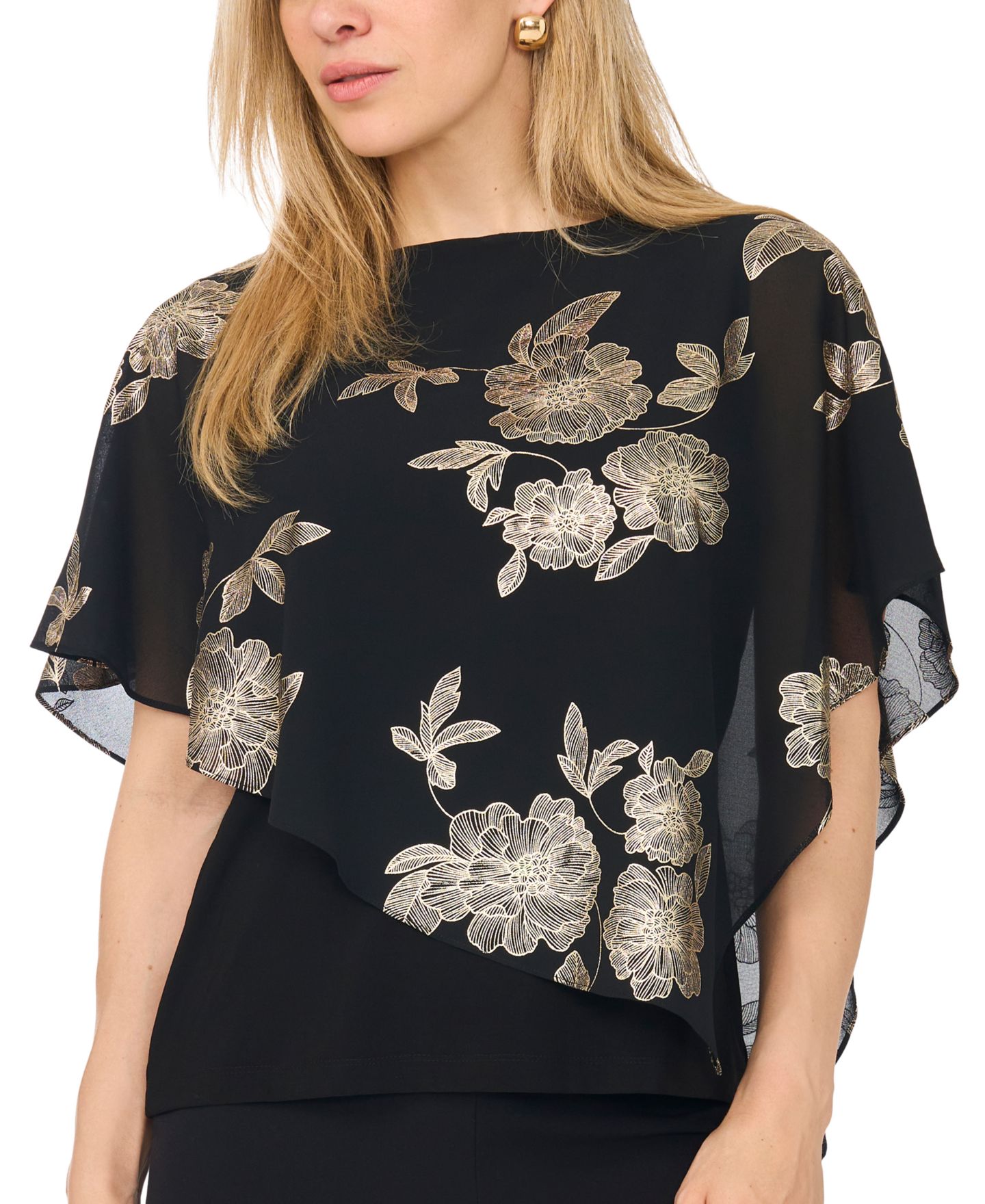 Женский топ MSK Petite Combo Overlay Asymmetrical Floral-Metallic Top, цвет: Насыщенный чёрный — фото 3