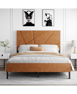 Full Size Metal Platform Bed Frame with Upholstered Headboard, Square Design, Under-Bed Storage, No Box Spring Needed