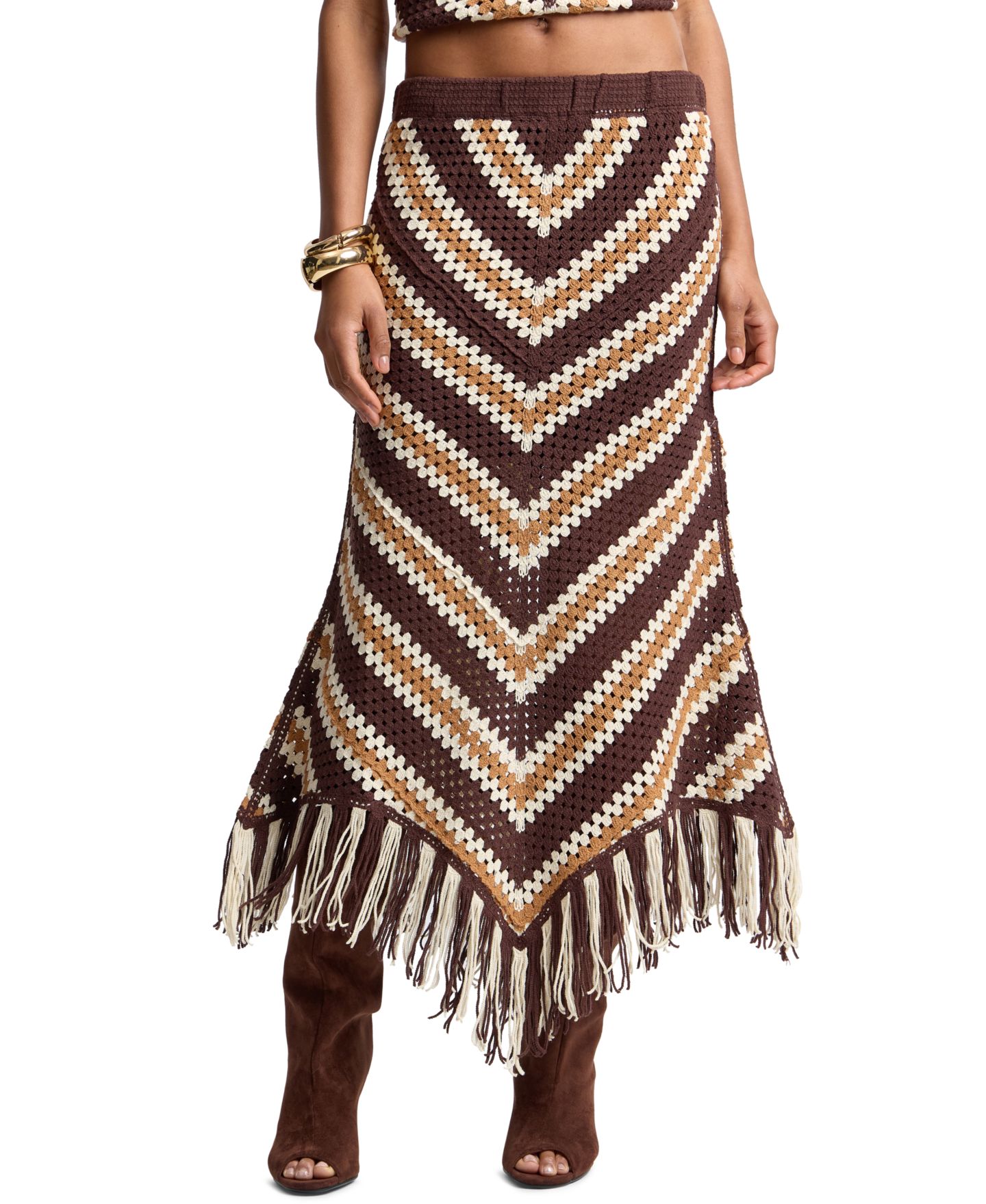 Женская юбка Avec Les Filles Striped-Crochet Midi Skirt with Fringe, цвет: Коричневый — фото 7