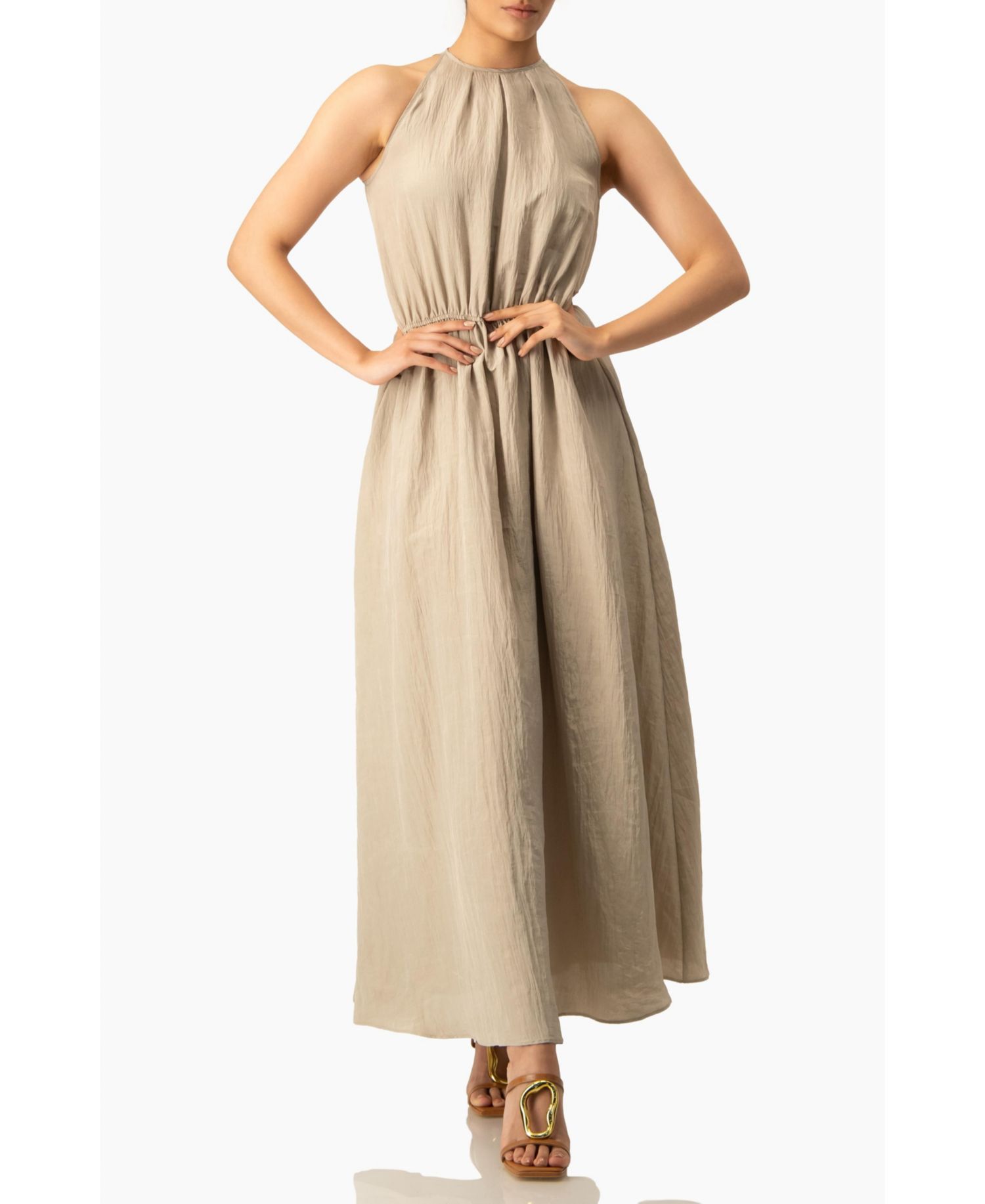Sleeveless Crinkle Halter Maxi Dress with Cinched Waist A-Line