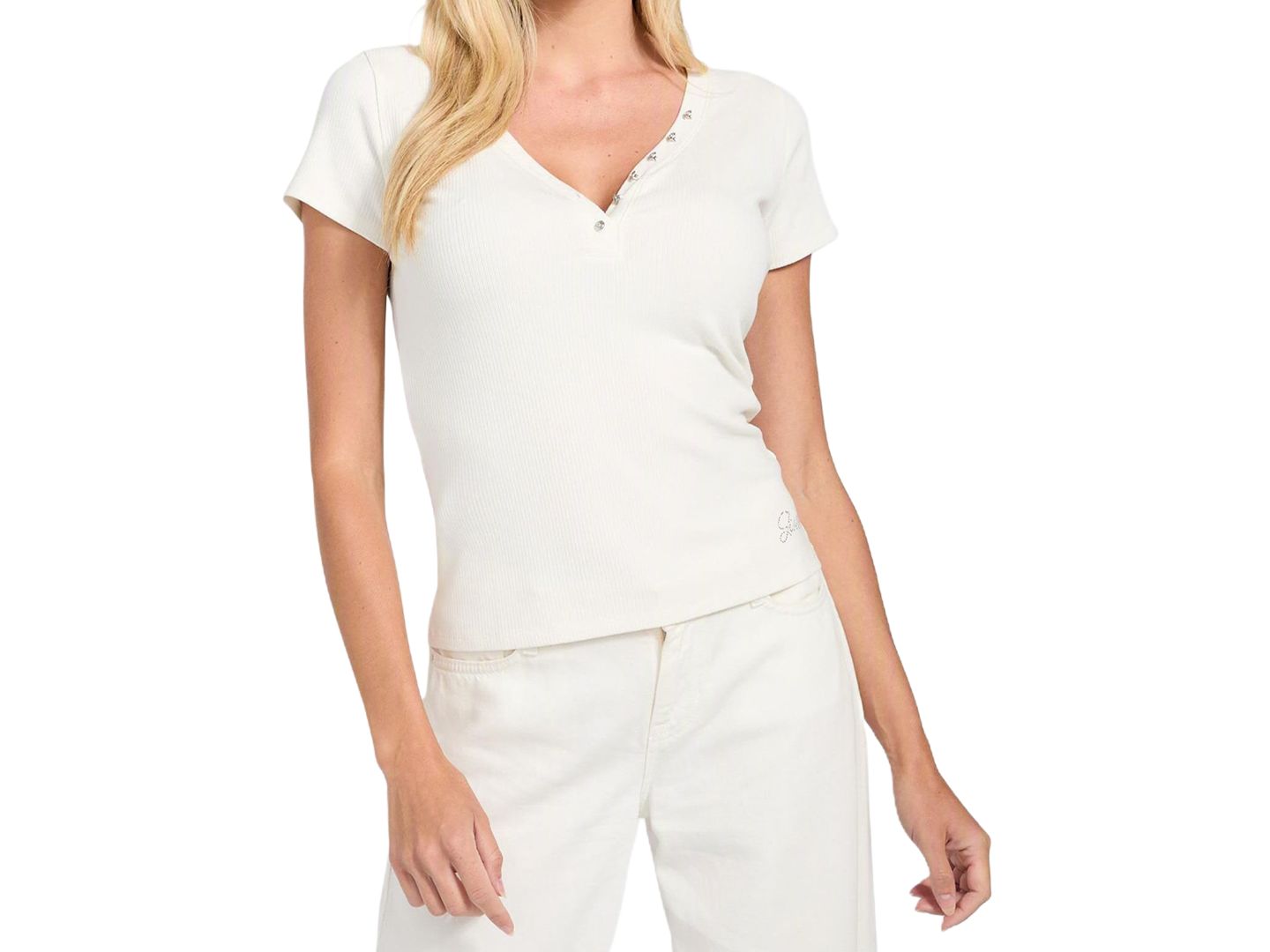Женский топ GUESS Short Sleeve Kyla Rib Henley V-Neck Top, цвет: Кремовый белый — фото 1