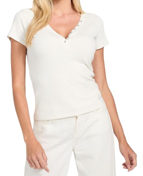 Женский топ GUESS Short Sleeve Kyla Rib Henley V-Neck Top, цвет: Кремовый белый