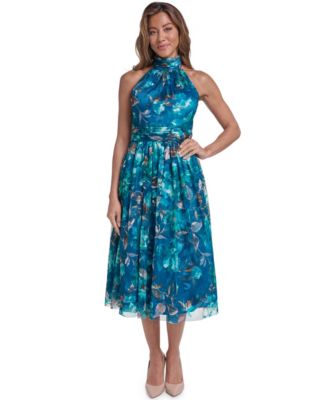 Women's Floral-Print Halter Mock Neck A-Line Midi Dress