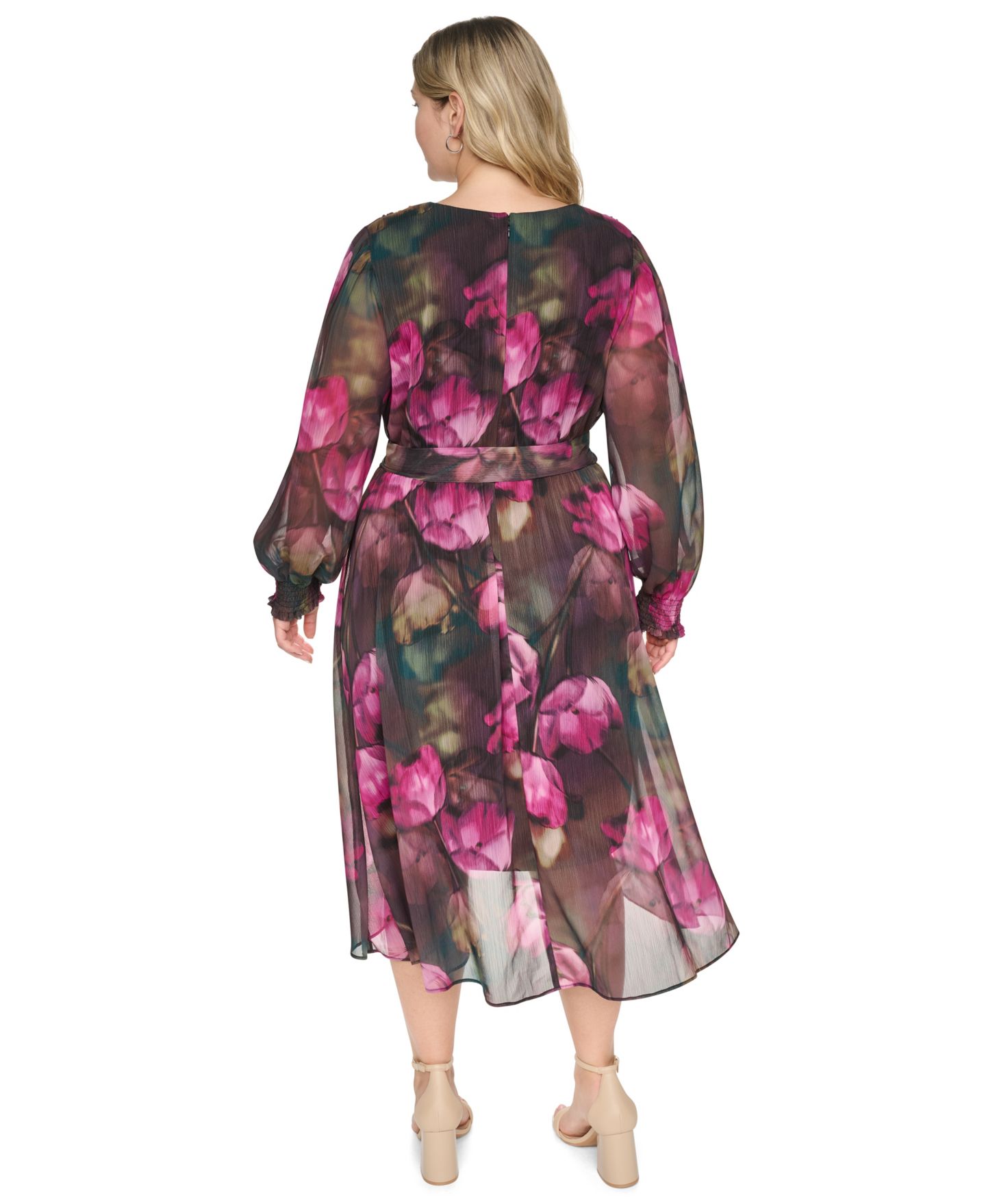 Женское платье DKNY Plus Smocked Wrap Midi Floral-Print Long-Sleeve Dress, цвет: Ягодный разноцветный — фото 5