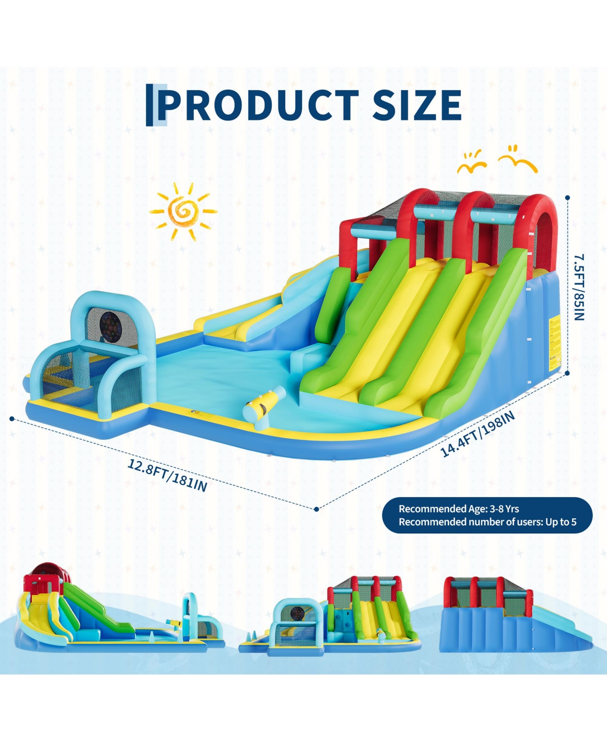 homfan 3 Water Slides Inflatable Bounce House with Water Blasters, 15.35" x 15.35" x 32.28", Accommodates 1-6 Kids, Ages 3-10