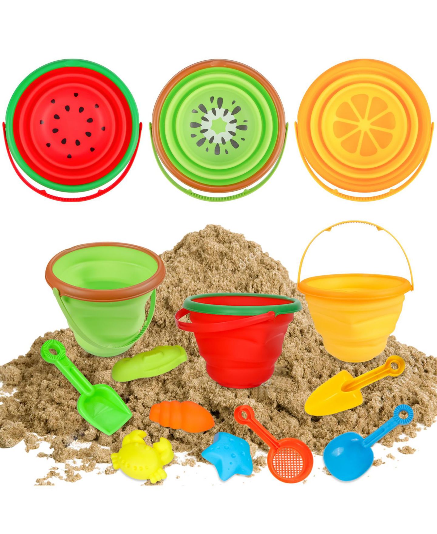Детские игрушки homfan Silicone Collapsible Bucket, Shovels and Molds Set, 2.5-Liter Capacity, Ages 3-7 — фото 3