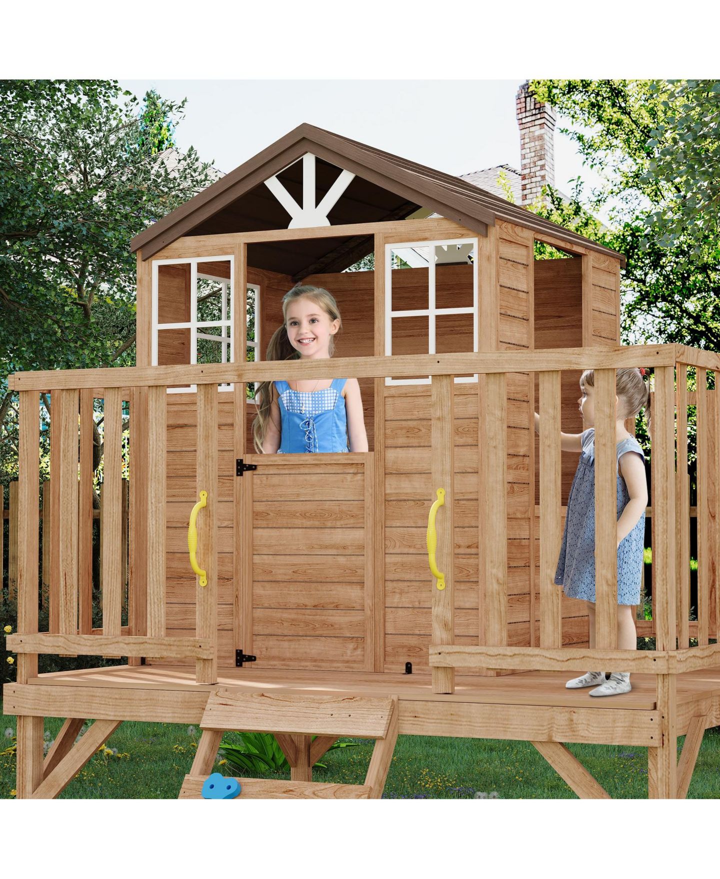 Детская игрушка homfan 2 Story Wooden Playhouse with 2-in-1 Sandbox and Climbing Wall, Ages 3+ — фото 5