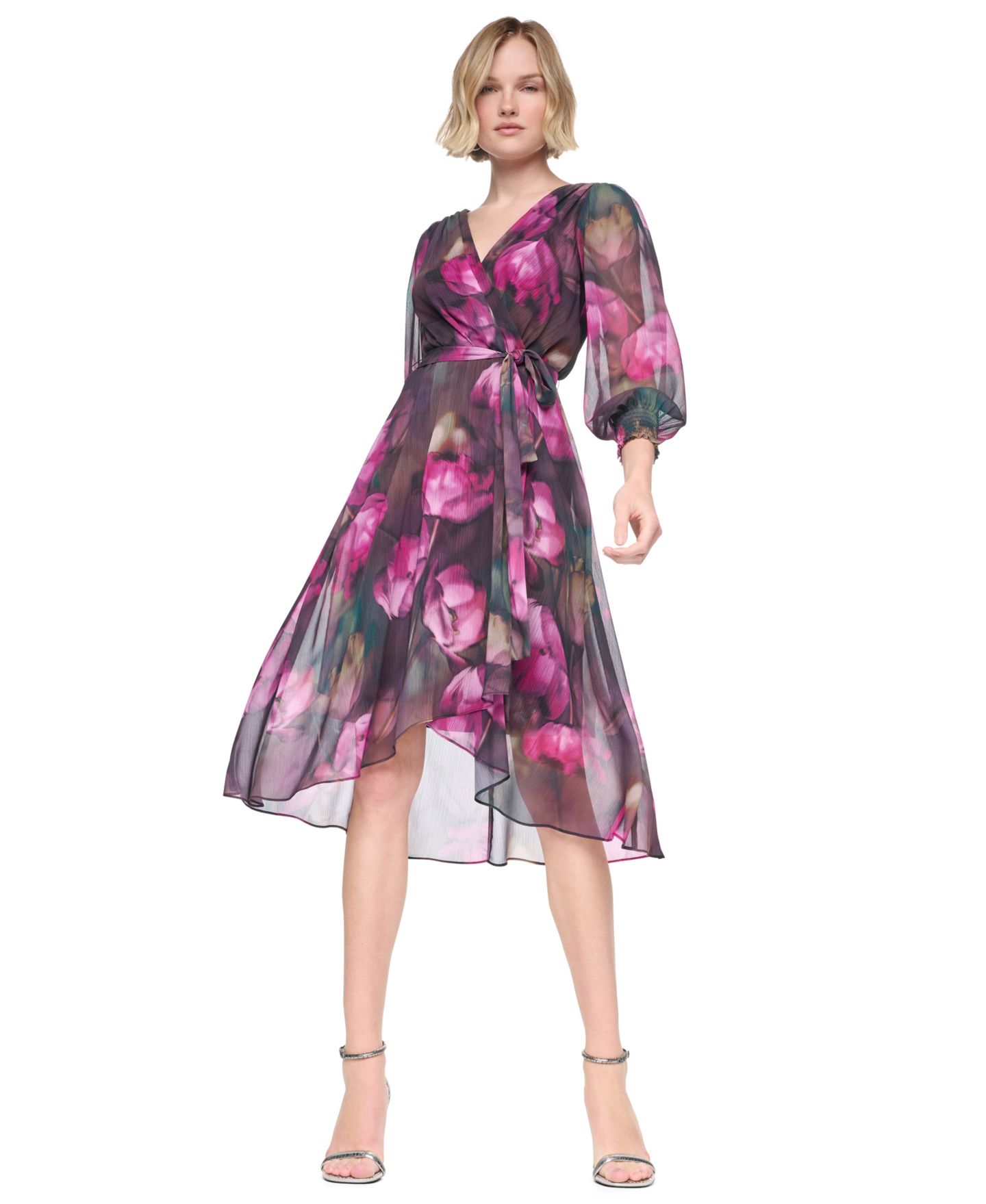 Женское платье DKNY Smocked Wrap Midi Floral-Print Long-Sleeve Dress, цвет: Ягодный разноцветный — фото 2