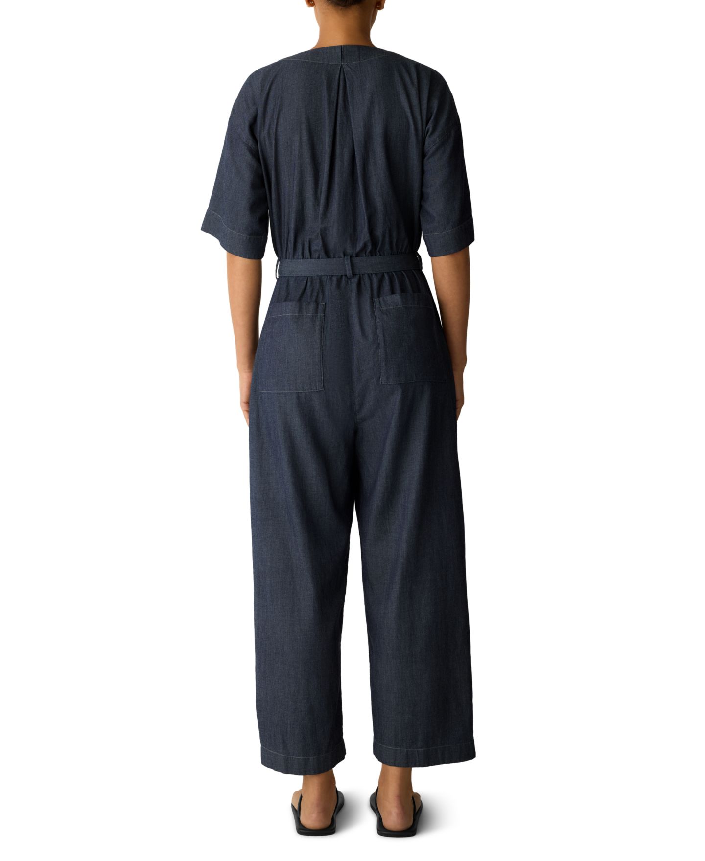 Женский комбинезон EILEEN FISHER PETITES Eileen Fisher Petite Airy Cotton Twill Short-Sleeve Wide-Leg Belted Jumpsuit, цвет: Джинсовый — фото 4