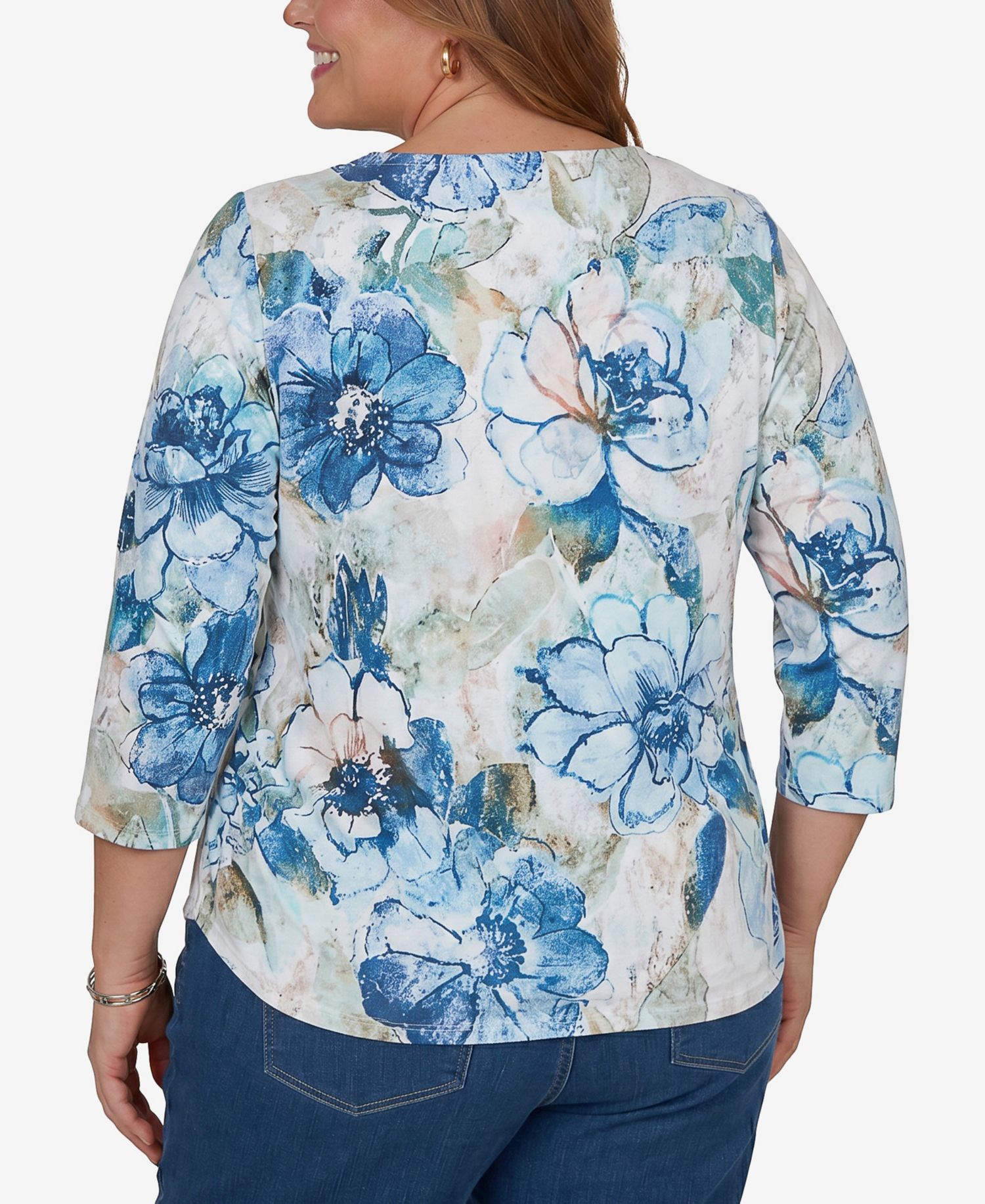 Plus Size Etched Florals 3/4-Sleeve Ruched T-Shirt