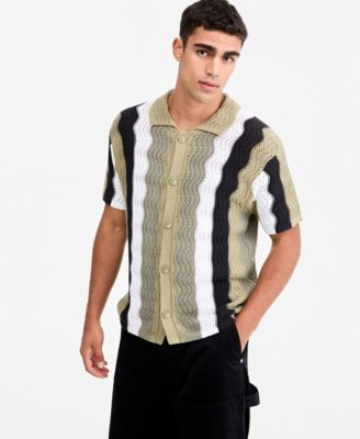 Men's Lightweight Open-Knit Wave Polo Sweater