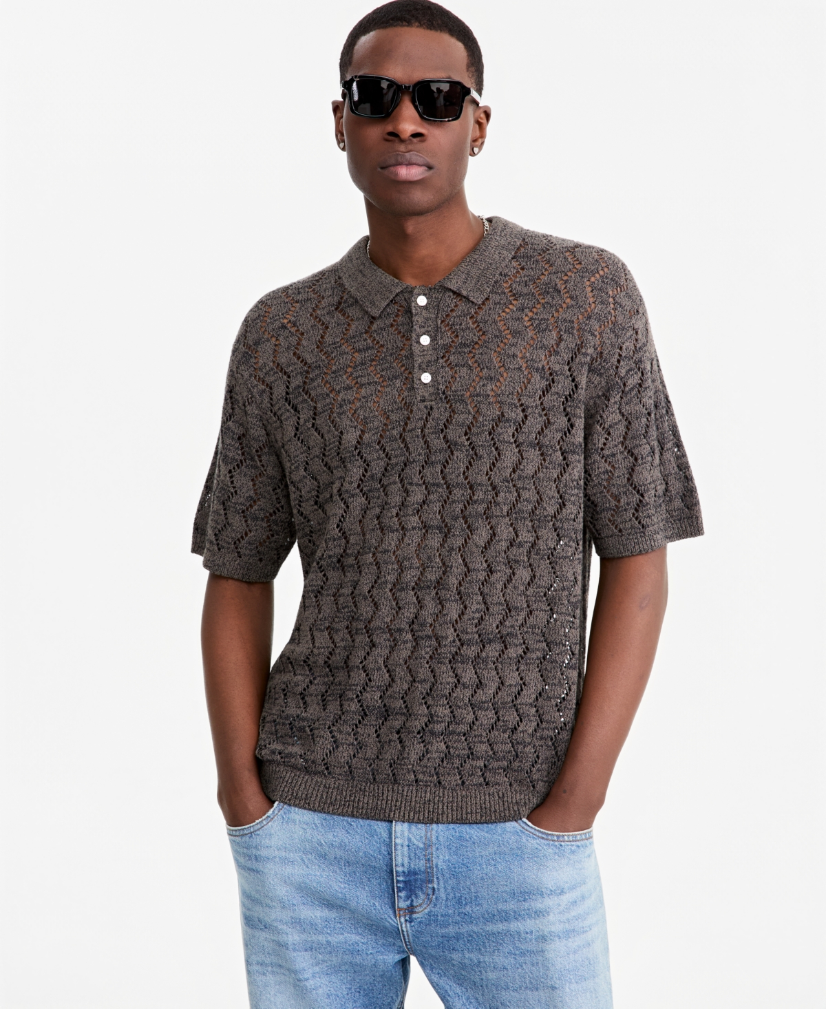 Mode of One Men's Zig Zag Trim Open-Knit Panel Classic Fit Polo Shirt, Macy's Exclusive
