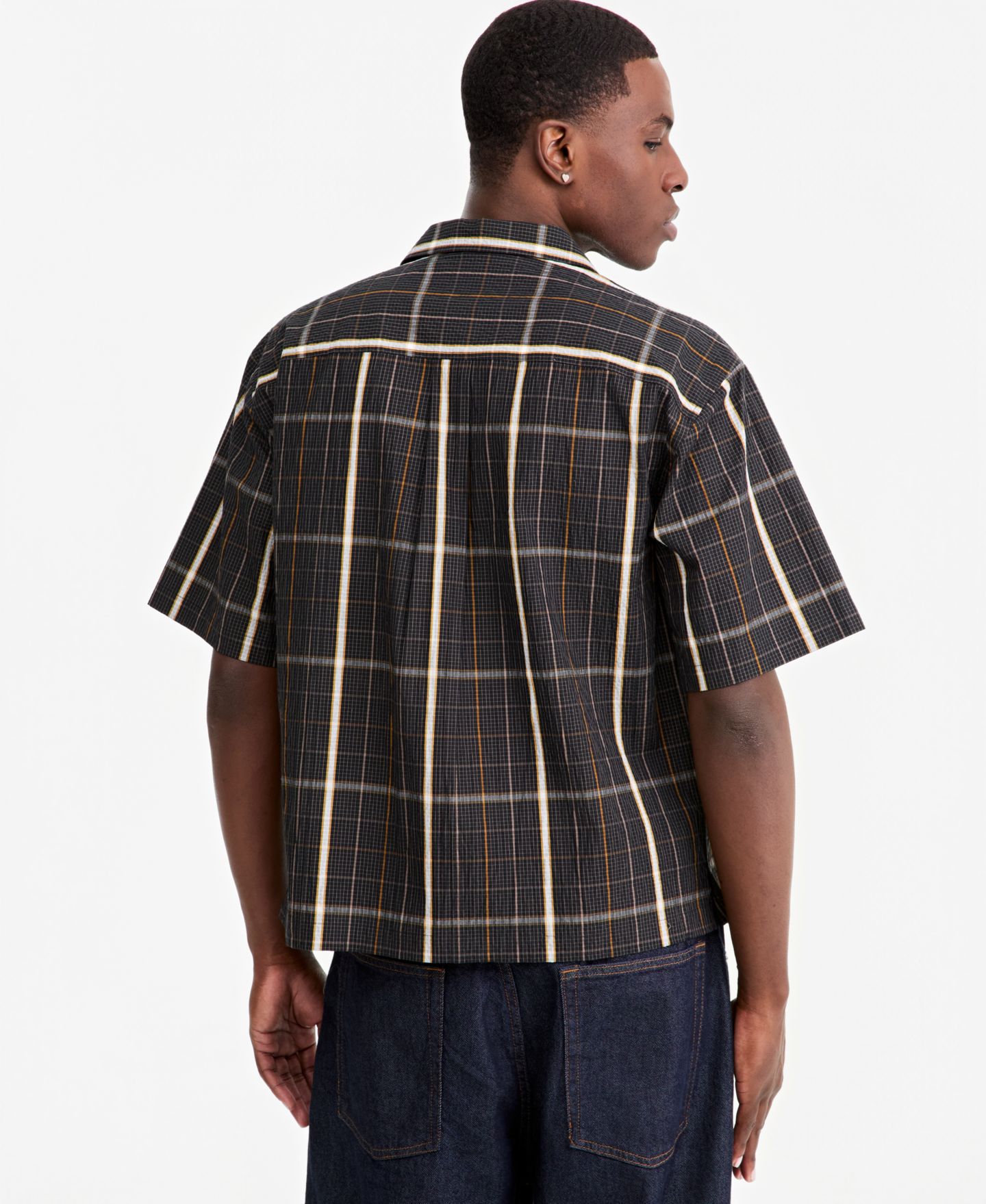 Мужская рубашка Mode of One Plaid Camp-Collar Short-Sleeve, цвет: Чёрный / Шоколадный — фото 4