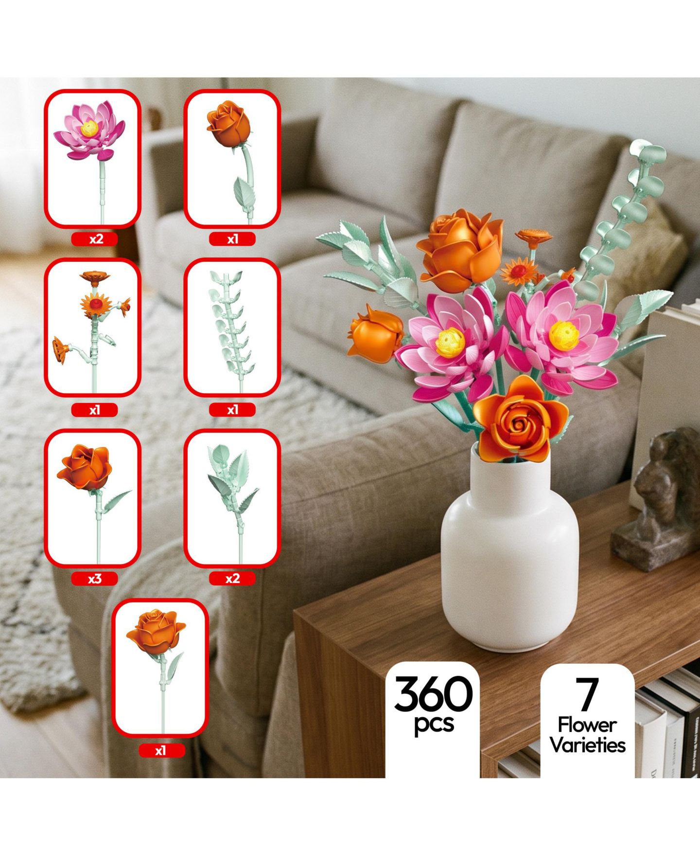 Детский конструктор Contixo BK10 Flower Bouquet Building Set, 360-Piece Orange Rose & Pink Lotus Floral Brick Kit with Adjustable Stems, Creative Home Décor Gift, Ages 8+, цвет: Розовый / Оранжевый — фото 7
