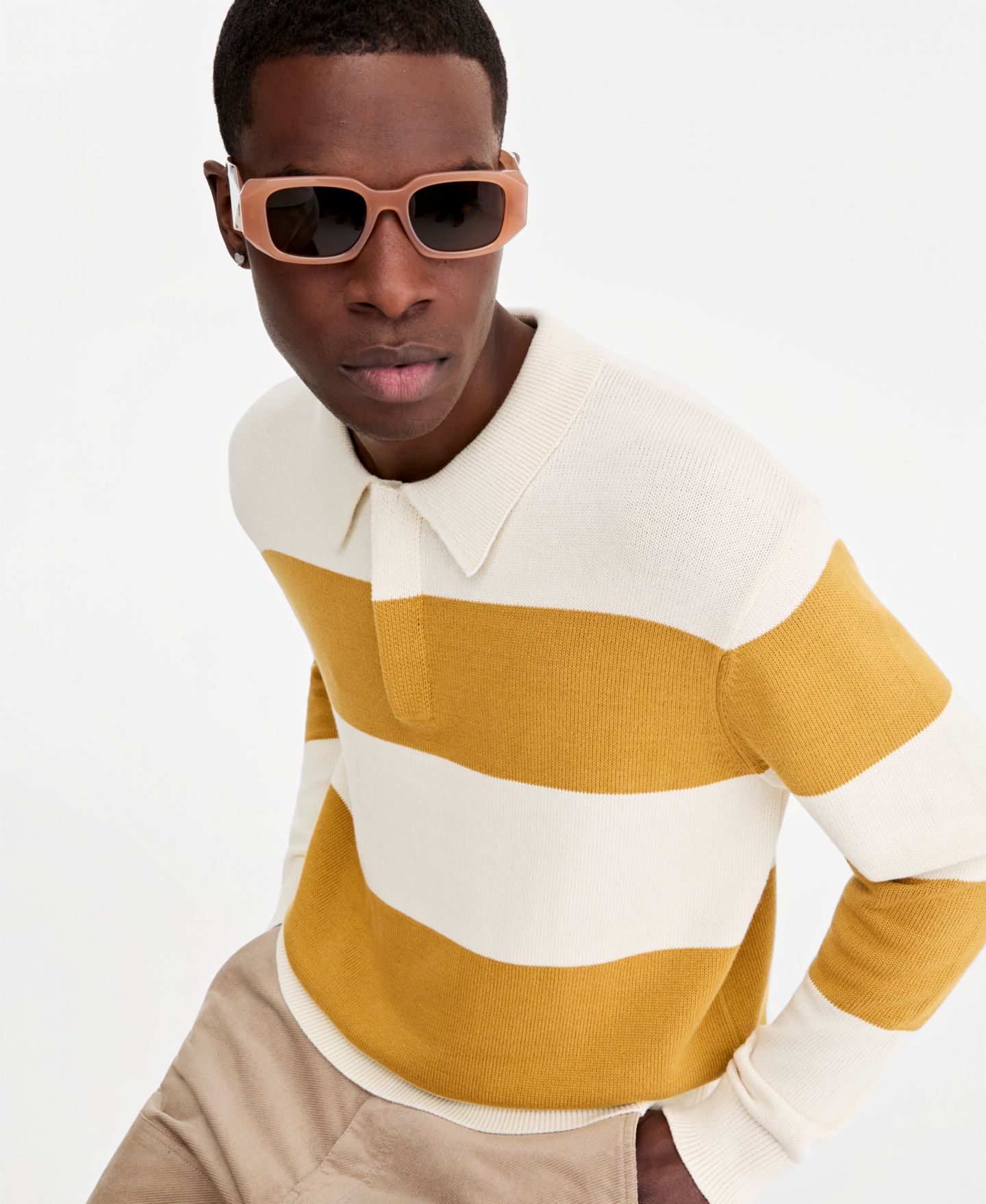 Мужское поло Mode of One Elio Long-Sleeve Striped Polo Shirt, цвет: Золотой — фото 3