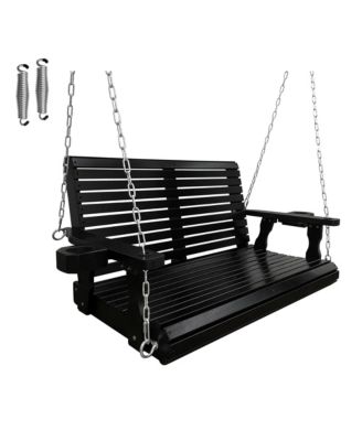 2-Seater 4 FT Wooden Porch Swing High Backrest and Deep Seat with Cupholders for Outdoor Patio Garden