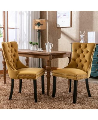 Upholstered Dining Chairs , Beige Velvet Upholstery High-Back Side Chairs, Tufted Nailhead-Trim Dining Chairs with Solid Wood Legs